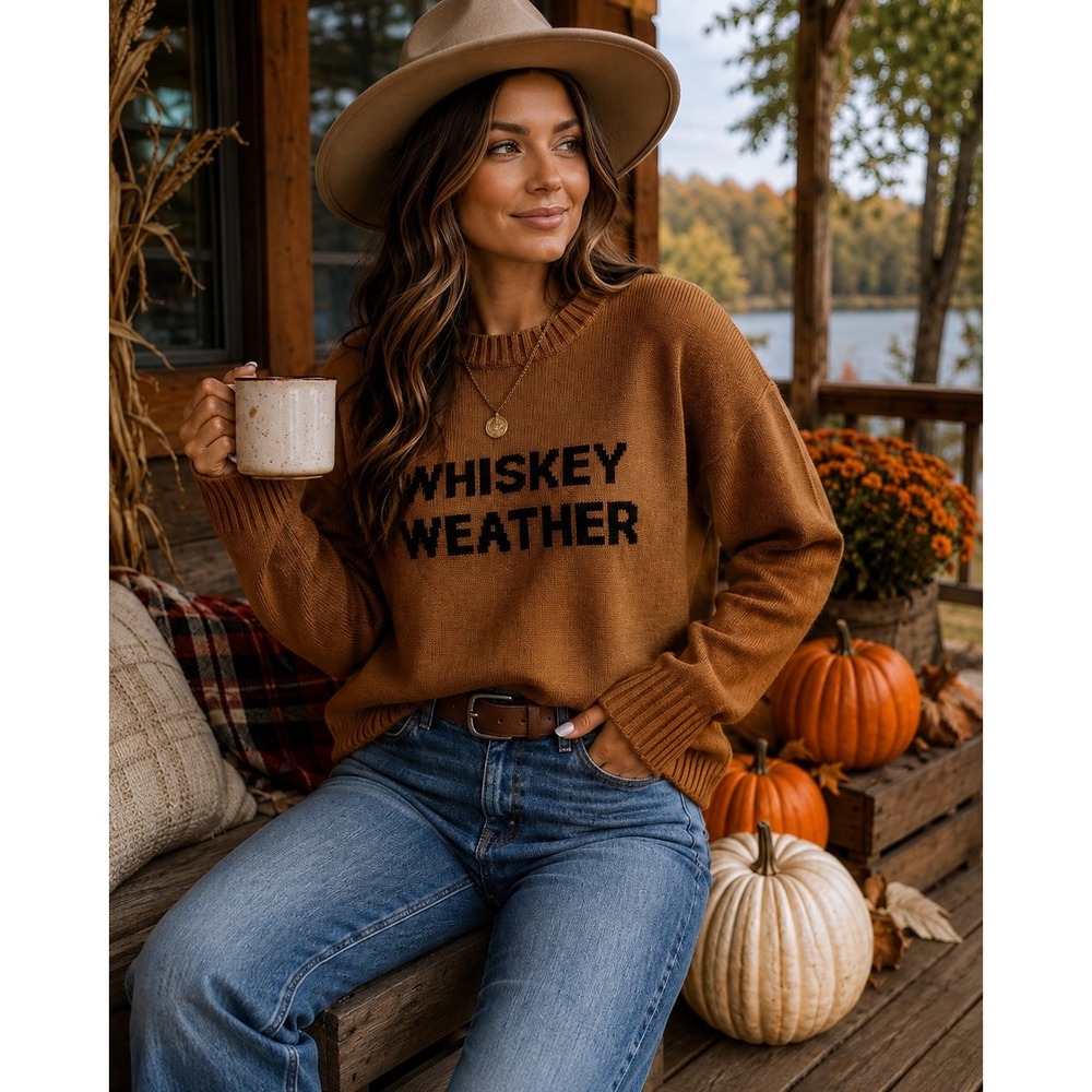 Fun Cozy Fall Whiskey Weather Knit Sweater Graphic Crewneck Autumn Tan Sz M